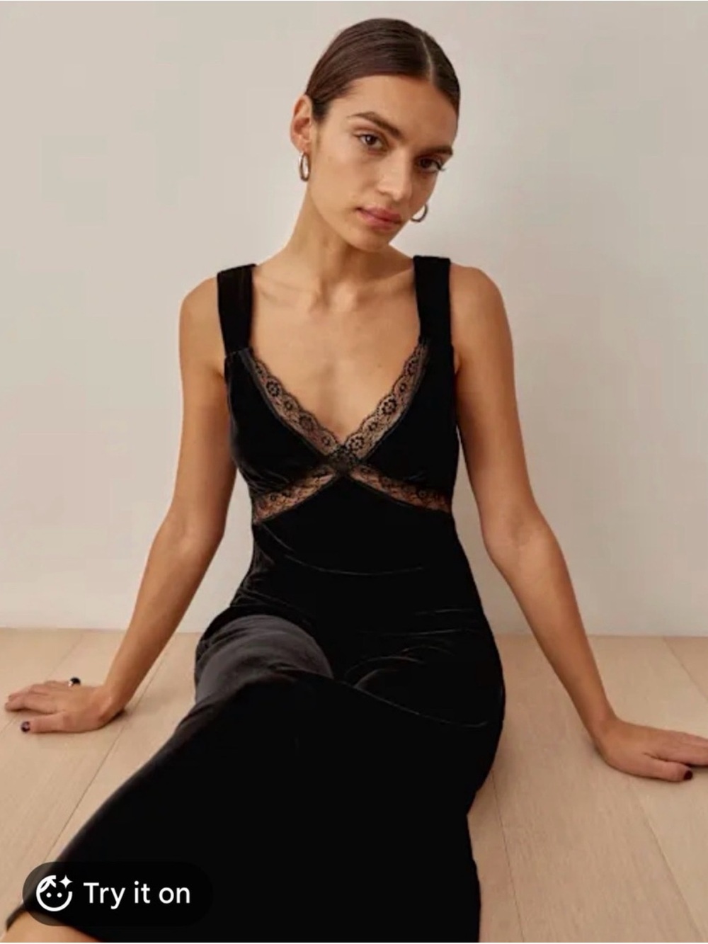 Reformation Black Lace-Trim Velvet Slip Dress